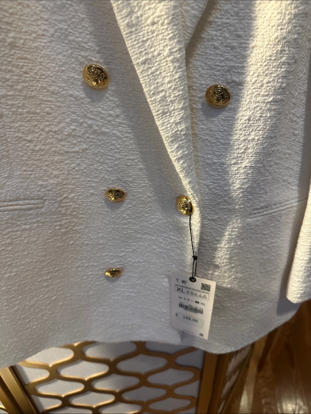 ZARA white Double-Breasted Textured Blazer with Gold Buttons Size XL - Picture 3 of 8